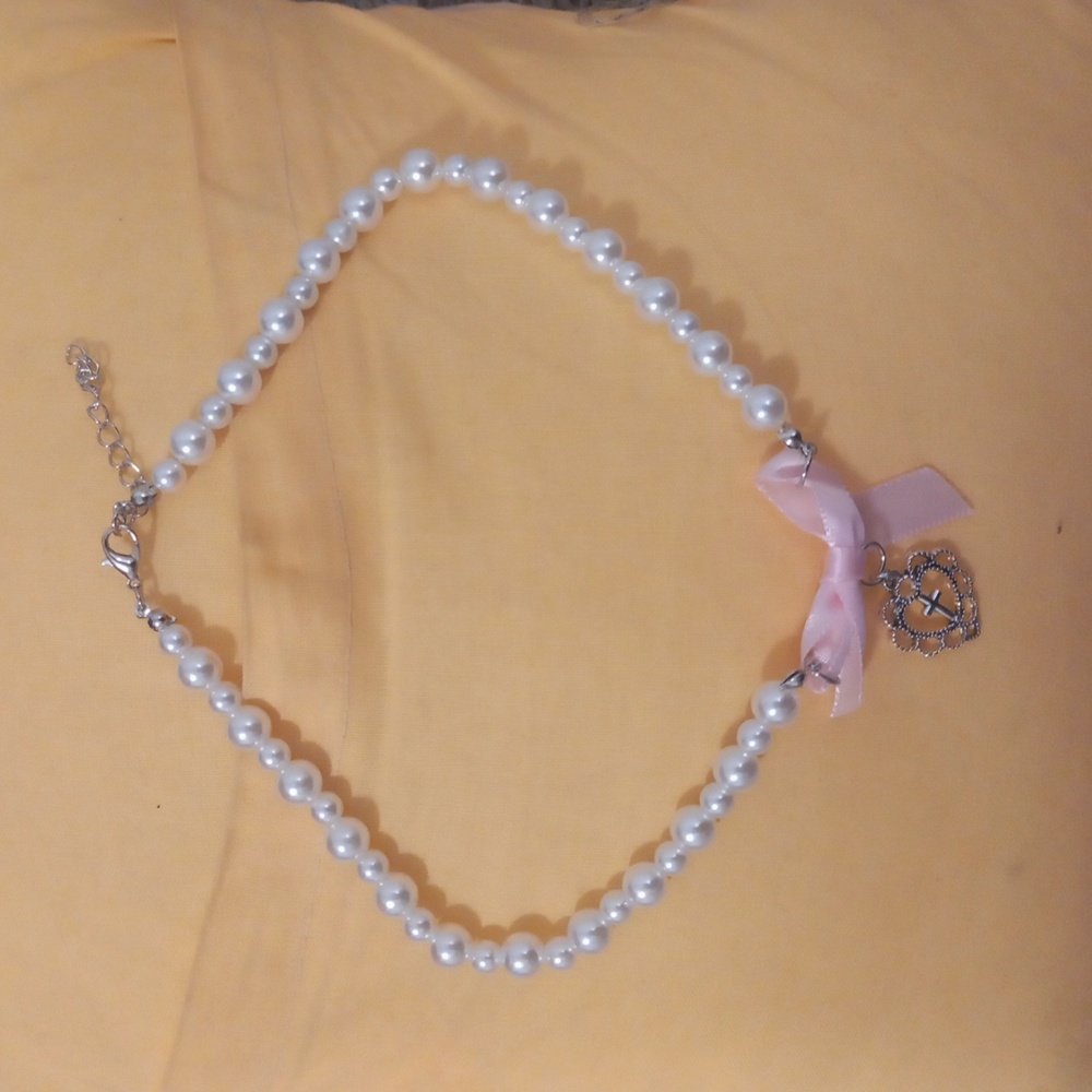 Pearl Necklace with Pink Ribbon and Heart Charm
